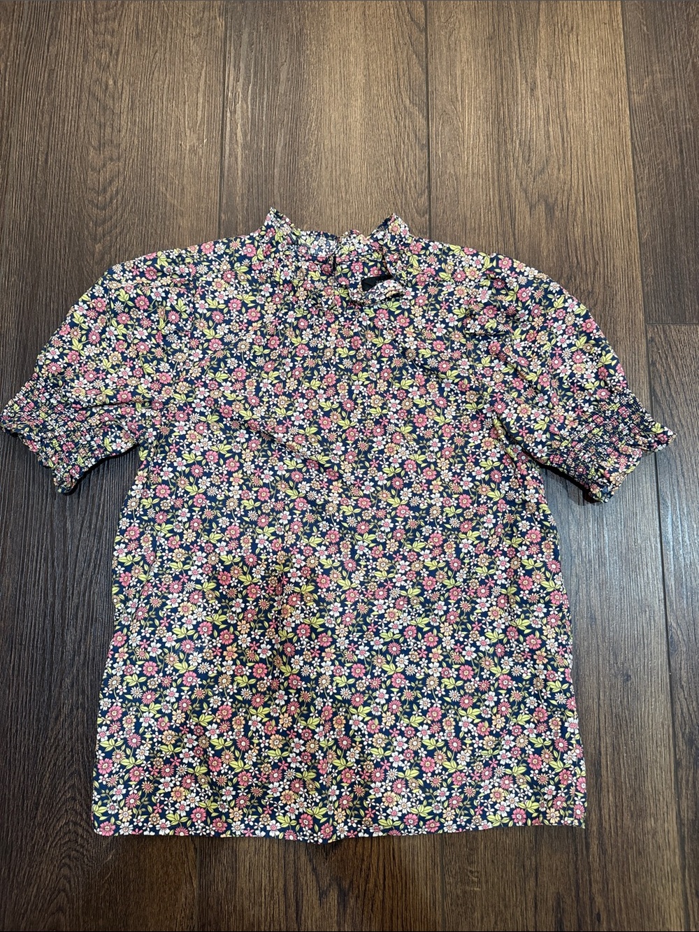 J. Crew Navy Floral Ruffle Blouse with Pink & Yellow Blooms XXS